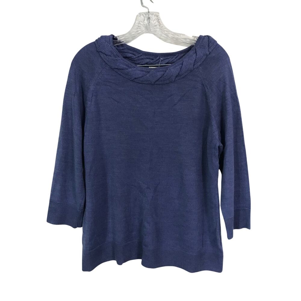 Coldwater Creek Sweater Large Womens Wool Blend Blue Braided Neck Pullover Lr
